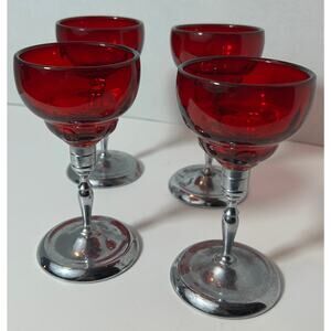 Vintage Ruby Red Cordial Glasses with Silver Metal Stems – Set of 4, 5.25"